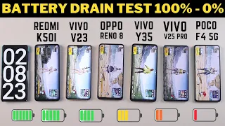 Vivo V25 Pro vs Oppo Reno 8 vs Vivo V23 vs Vivo Y35 vs Redmi K50i vs Poco F4 Battery Drain Test