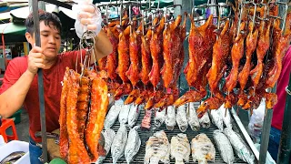 Very Popular! Stall of Grill Meat, Duck, Pig's Rib & Salt Crust Fish | Cambodian Street Food