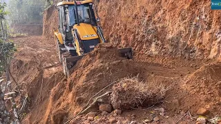 Narrow Mountain Road Leveling and Cutting Slope with JCB Backhoe