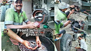 Tata bs4 3118c front wheel hub greasing|truck front spindle hub cleaning and greasing|truck greasing