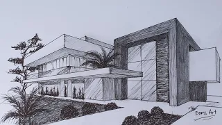 Modern House in 2 Point Perspective Drawing Tutorial