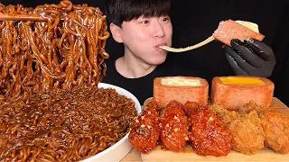 SUB)Korean jjajang ramen & seasoned chicken & fried chicken & cheese spam eating show│Korean mukbang