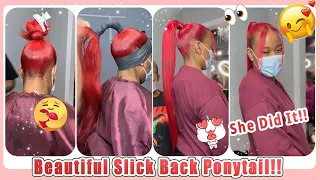 💘How About Red Color Slick Back Ponytail? Tutorial For Hair Extensions~ High Pony Look #Elfinhair