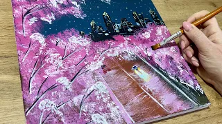 Painting a Cherry Blossom Street /  Painting Step by Step