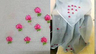 Floral hand embroidery on saree # Easy satin ribbon embroidery
