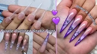 PURPLE OUTLINED SNAKE PRINT NAILS💜 POLYGEL OMBRE & NAIL FOILS! | Nail Tutorial