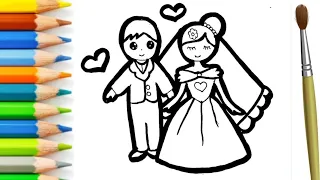 Easy cute beautiful bride Groom drawing, painting Colouring kids toddlers|how to draw bride groom