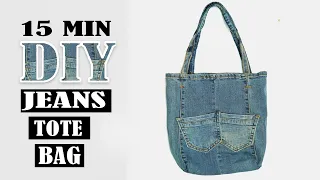 RECYCLE OLD JEANS / DIY Tote Bag Out Of Old Jeans - Old Denim Transform Into Shopping Bag In 15 Min