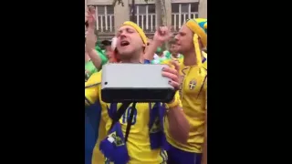 Irish fans with Swedish fans singing ABBA