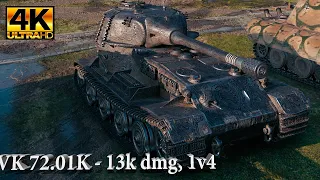 VK 72 01 K video in Ultra HD 4K World of Tanks 1v4, 13072 dmg, 9 kills, 1968 exp, 5890 block.