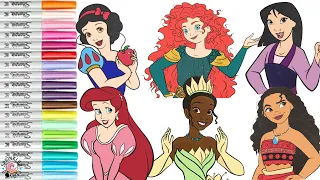 Disney Princess Coloring Book Compilation Tiana Merida Moana Aurora Mulan Snow White Ariel