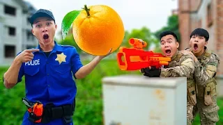 Battle Nerf War: Chairman & Blue Police Nerf Guns Robbers Group Brother ORANGE FRUIT BATTLE