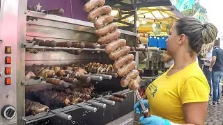 The Queen Of Roasted Meat Skewers. Brazil Street Food. Picahha, Churrasco, Sausages, Ribs