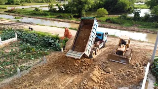 Starting New Project Dump Trucks 10Wheel Unloading & Strong Old Bulldozer Pushing Soil Fill The Land