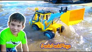 Playing with Toy Trucks at the Beach! | Unboxing Digger, Backhoe, Bulldozer for Kids | JackJackPlays