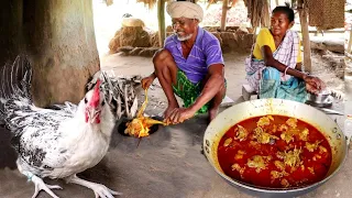 house pet COUNTRY CHICKEN curry cooking and eating by a  santali old couple||rural village India