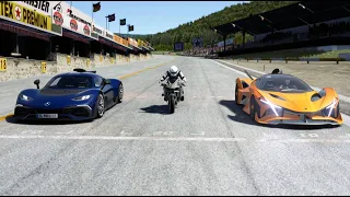 Kawasaki Ninja H2R vs Mercedes-AMG One vs Apollo Project EVO at Old Spa