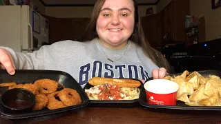 APPLEBEE'S MUKBANG | ONION RINGS, 3 CHEESE PASTA, CHIPS & QUESO!