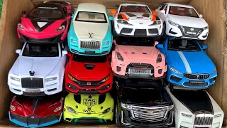 Box Full of Model Cars, Bugatti Divo, Rolls Royce Cullinan, McLaren s650, Escalade 2024, GTR R35