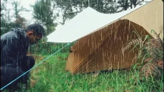 SOLO CAMPING IN VERY HEAVY RAIN AND THUNDERSTORMS -  RELAXING CAMPING RAIN - ASMR