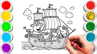 Family Peppa Pig on a ship Drawing, Painting & Coloring For Kids and Toddlers_ Child Art