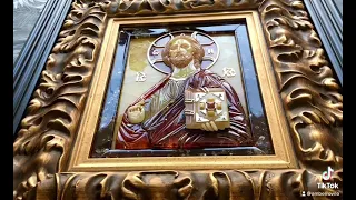 Икона Спасителя из натурального янтаря мозаика
