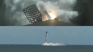 [CRS-16] Side-by-side view from two cameras of SpaceX's Falcon 9 rocket landing in water.