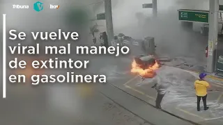 Se vuelve viral mal manejo de extintor en gasolinera