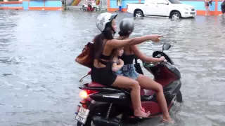 Amazing Thailand Beautiful Ladies on Motorcycle in Flooded Crazy Streets Going to Work