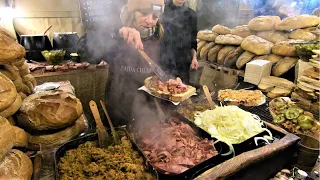 Street Food in Krakow, Poland. Yummy Overloaded Grilled Bread. Christmas Market