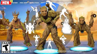 YOUNG ADULT GROOT and OG GROOT Fortnite doing all Built-In Emotes #guardiansofthegalaxy