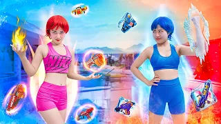 HOT Vs COLD MAGIC BOX GAME PRANK BATTLE Nerf Guns FUNNIEST GIRL ON FIRE Vs ICY GIRL PVQ Nerf War