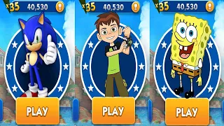 Sonic Dash vs Ben 10 Up to Speed vs SpongeBob Run - All Characters Unlocked Walkthrough