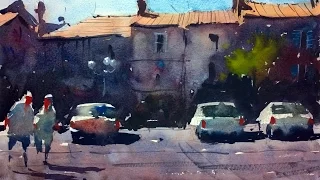 Watercolour demonstration by Tim Wilmot - How to paint a French Town Scene with Cars #4
