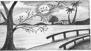 How to draw a scenery of moonlight night scene with pencil sketch drawing step by step for beginners