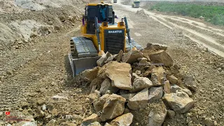 Fantastic Showing Bigger Dozer Moving Rocks Making Road Hard Machines Working With Dump Trucks