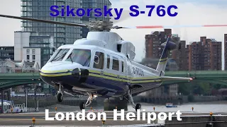 Sikorsky S-76C helicopter engine start and takeoff at London Heliport G-ROON