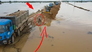 Amazing Long Road Build Cross Water Fight Flood By Team Dump Truck,Bulldozer SHANTUI Spreading Stone