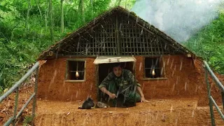 Build Bushcraft Shelter, underground ,bamboo roof & Fireplace,catch and cook, Survival Skill Asia