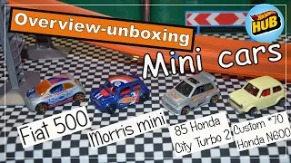 hot wheels mini cars обзор, распаковка. Fiat 500, Morris mini, 85 Honda City Turbo 2, *70 Honda N600