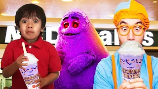 Blippi Fun World and Ryan's World Try Grimace Shake Challenge in Real Life - Tag with Ryan Gameplay