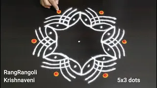 Easy Daily Rangoli🌺5x3 dots Traditional Muggulu🌺Creative Kolam🌺RangRangoli Krishnaveni