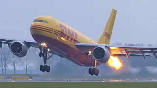 DHL A300-600F BIRDSTRIKE & FLAMES From The Engine On Take-off, At Amsterdam Schiphol Airport