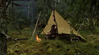 Overnight In Cold Rain Weather - Solo Bushcraft Wild Camp, Pot Hanger, Campfire Cooking, Tarp