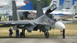 Sukhoi Su-30 "Flanker-C" fighter, prepared, startup and takeoff.