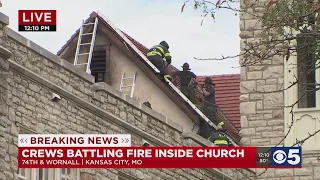 Kansas City firefighters battling large church fire in Waldo