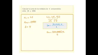 Calcula la suma de los múltiplos de 5 comprendidos entre 38 y 2988. Suma de progresiones aritméticas