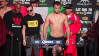 DAVID BENAVIDEZ v SHERALI MAMAJONOV - OFFICIAL WEIGH IN & HEAD TO HEAD / FRAMPTON v SANTA CRUZ