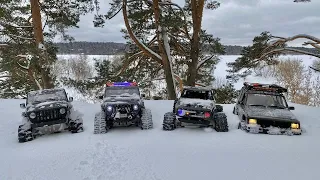 4 RC Cars Having Fun in Deep Snow