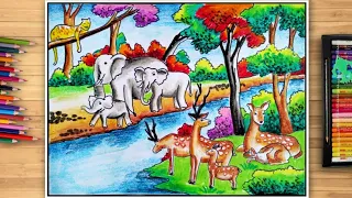 Forest Scenery Drawing Easy | Forest Scenery Drawing Step By Step | Wildlife Drawing Easy